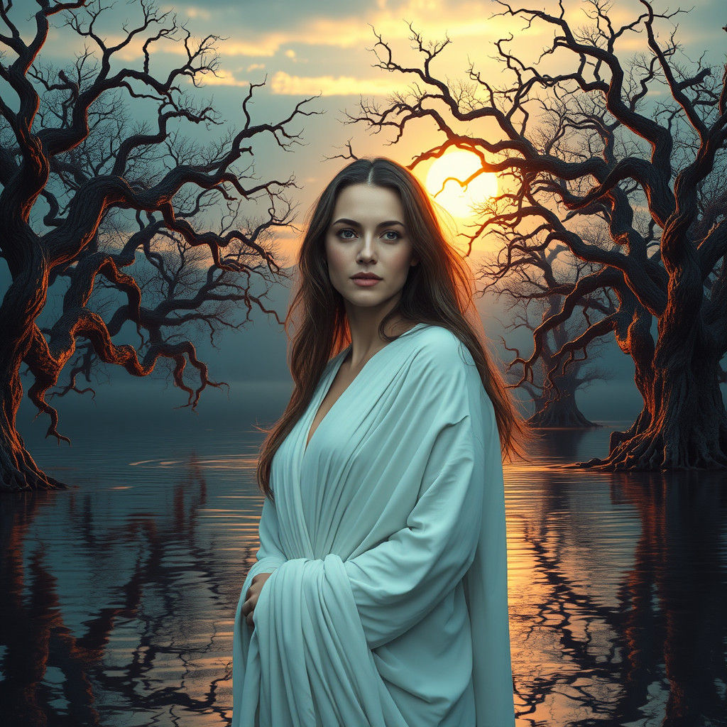 Serene Woman at Tranquil Lake: Ethereal Landscape