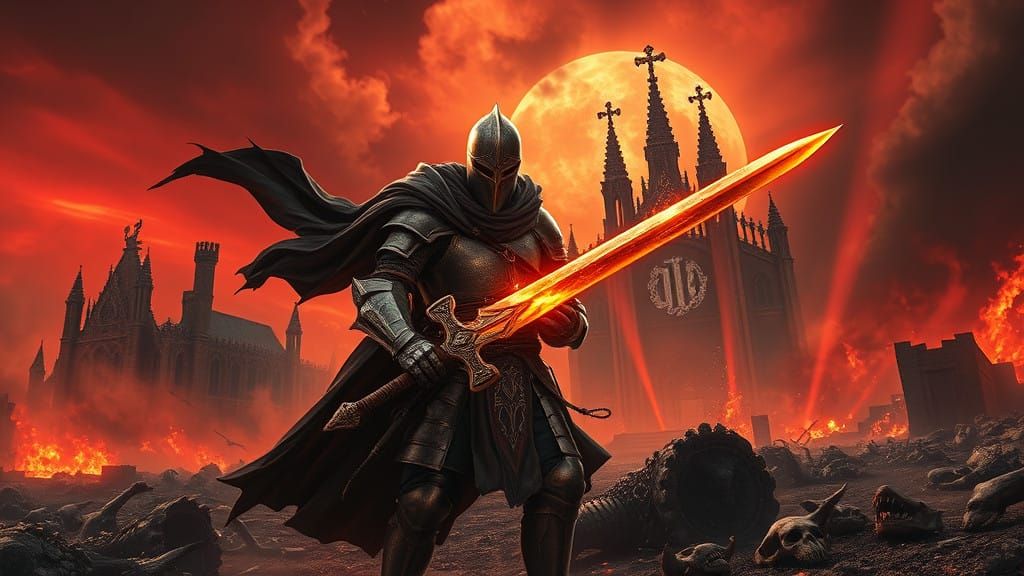 Crusader in Hellish Wasteland, Monogram YI Glows with Sacred...