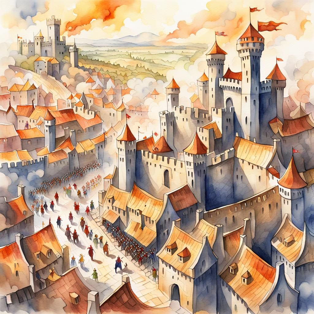 Medieval Kingdom Under Siege: Watercolour Fantasy Art