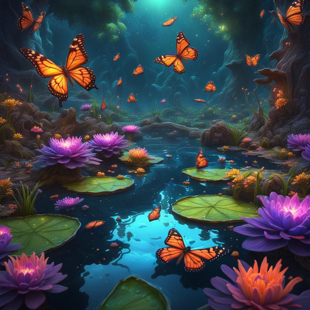 Psychedelic Pond and Butterflies in Detailed Matte Painting