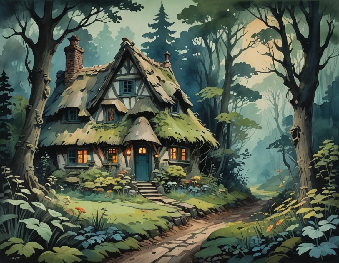 Eerie Cottage in Dark Forest Gouache Painting