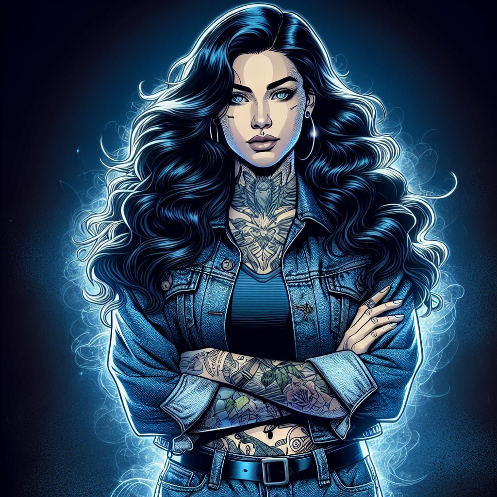 Comic Book Woman with Tattoos in Denim