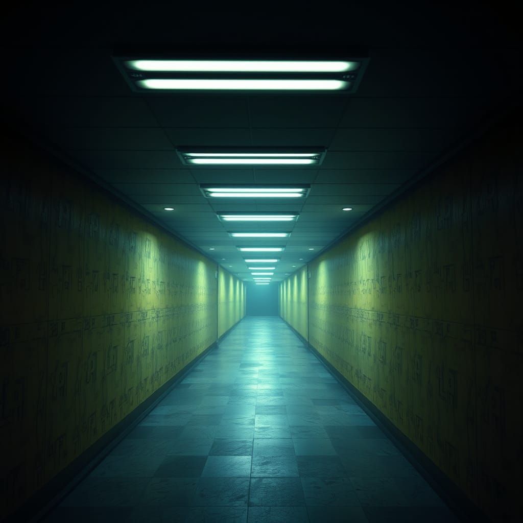 Eerie, Infinite Corridor in a Distressed, Yellowed Atmospher...