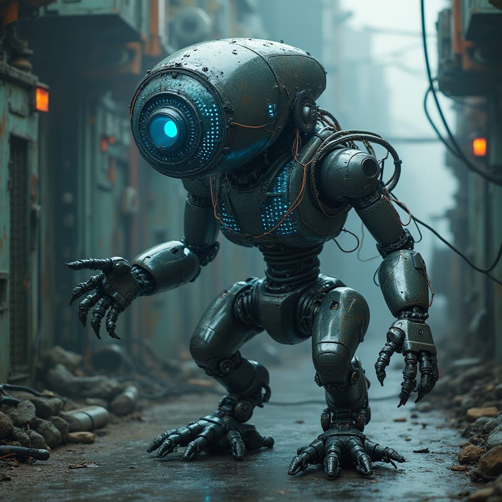 Menacing Robot Creature in Dystopian Futurism Style