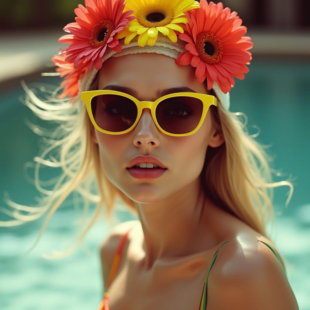 Woman in Retro Sunglasses and Swim Cap, in David Hockney Poo...