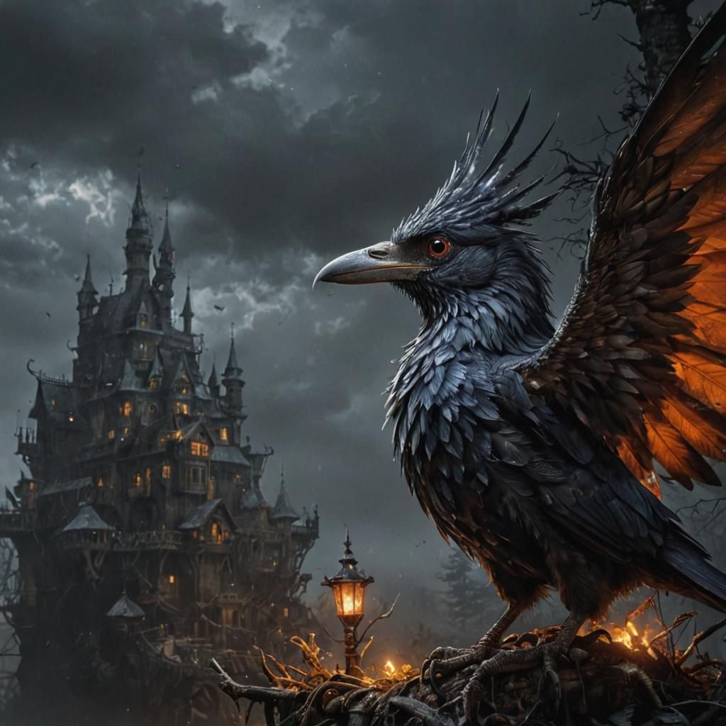 Eerie Magical Bird with Magnificent Feathers