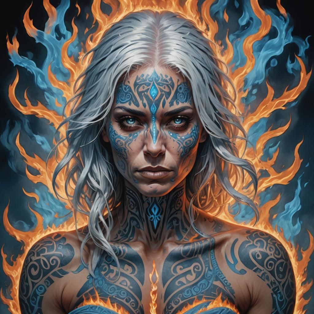 Fiery Portrait of a Tattooed Woman in Flames