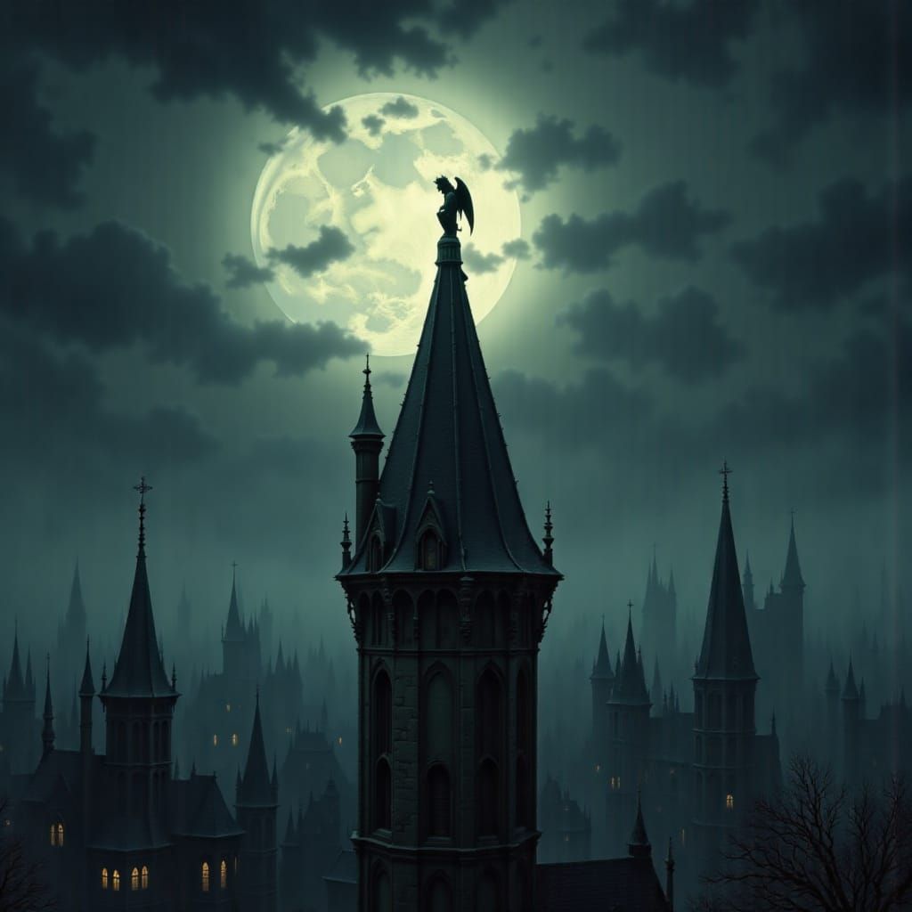Gargoyle on Gothic Spire Under Stormy Moonlight