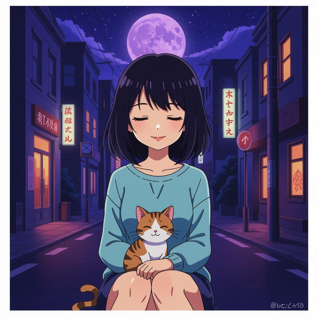 Anime Girl and Cat Under Violet Moon