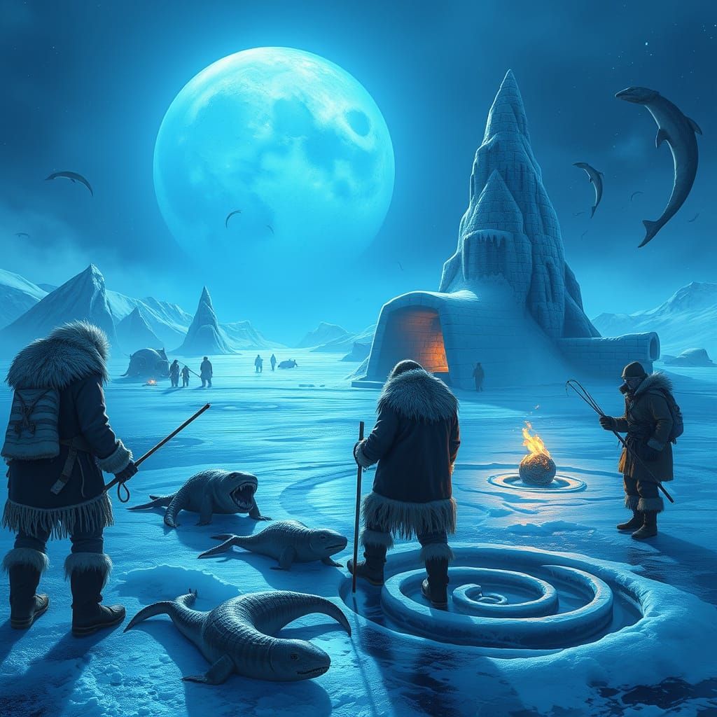 Inuit Tribesmen in Frozen Expanse of Triton, Beneath Neptune...