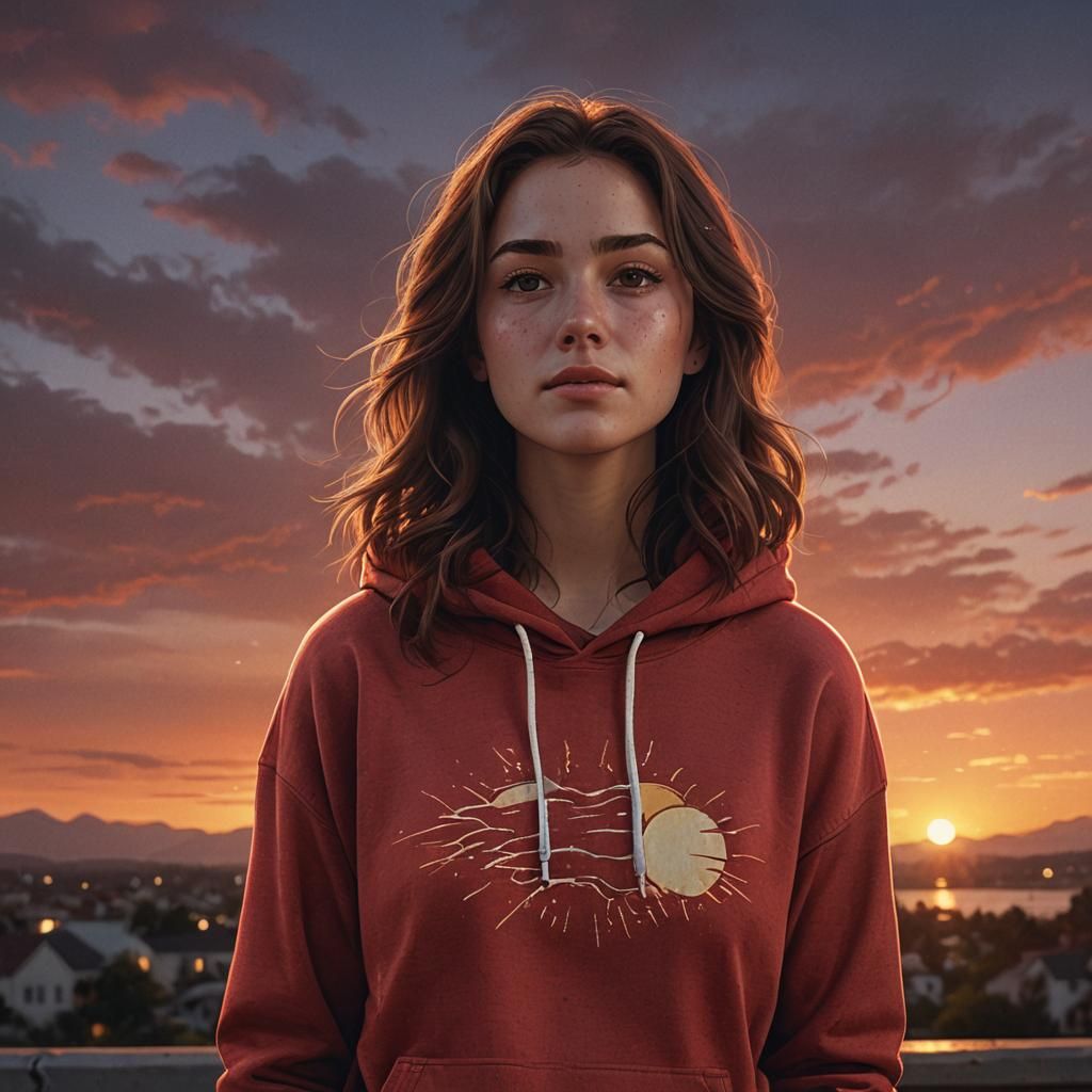 Kind Girl in Sunset, Matte Painting Style