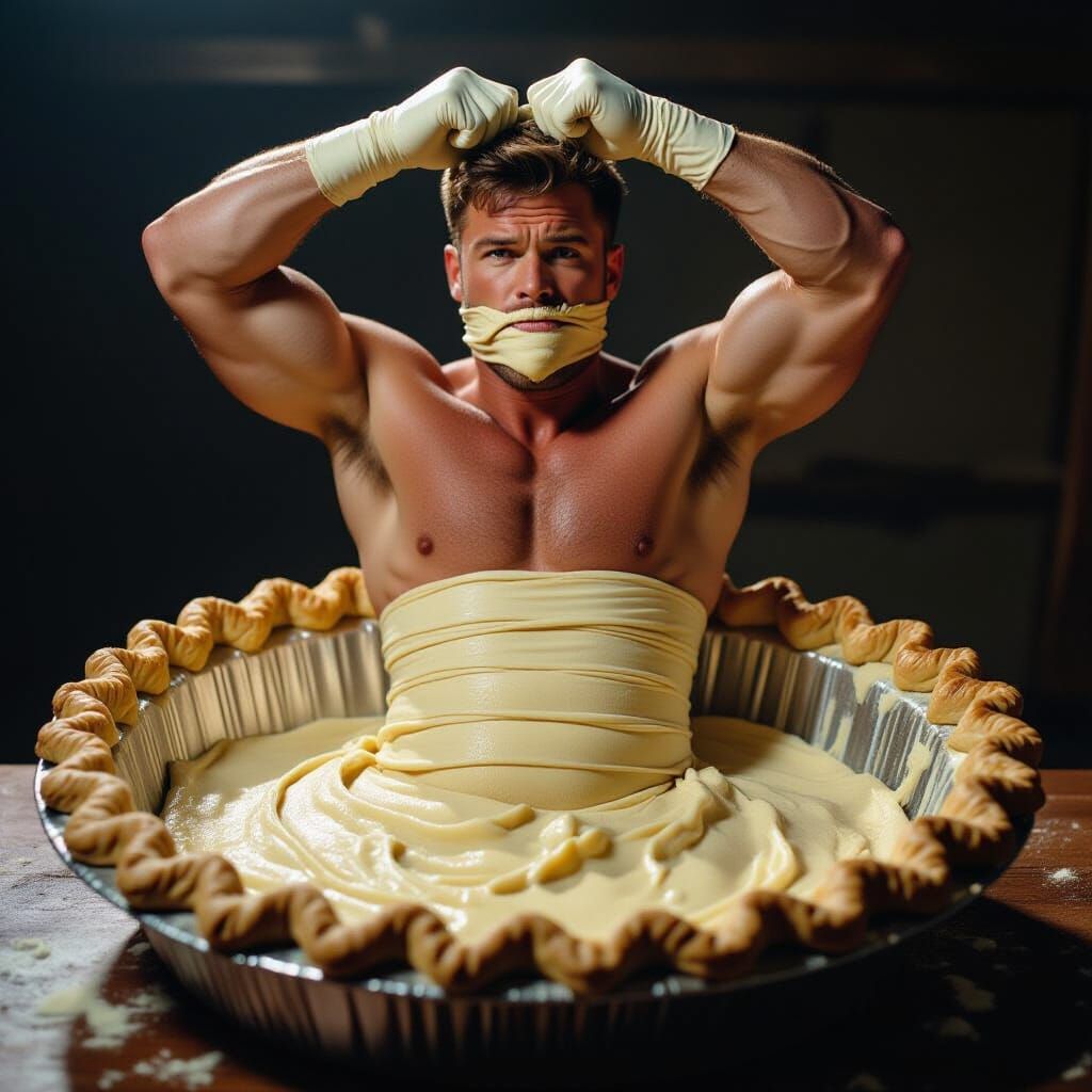 Cinematic Film Still of Officer Bound in Pie Dough