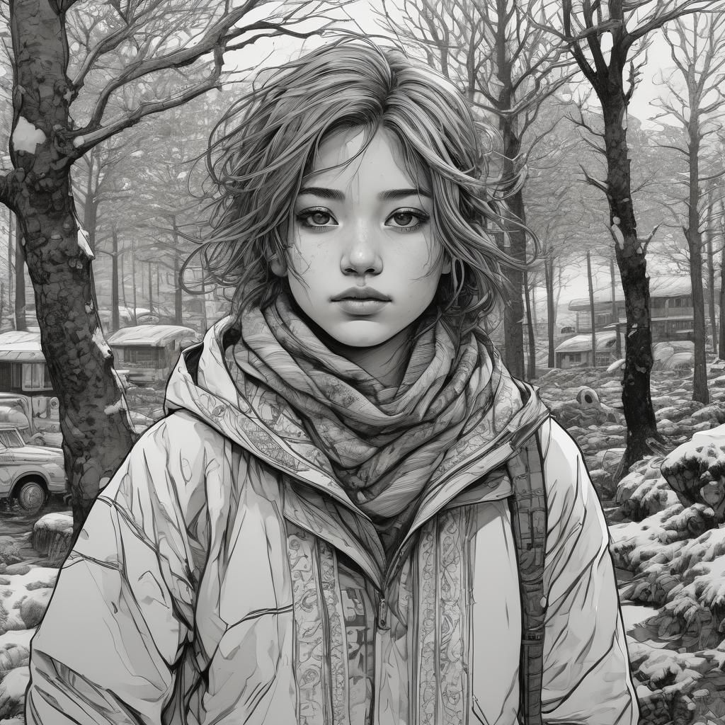 Line art sketch portrait, hatching shading, heavy lines, ink...