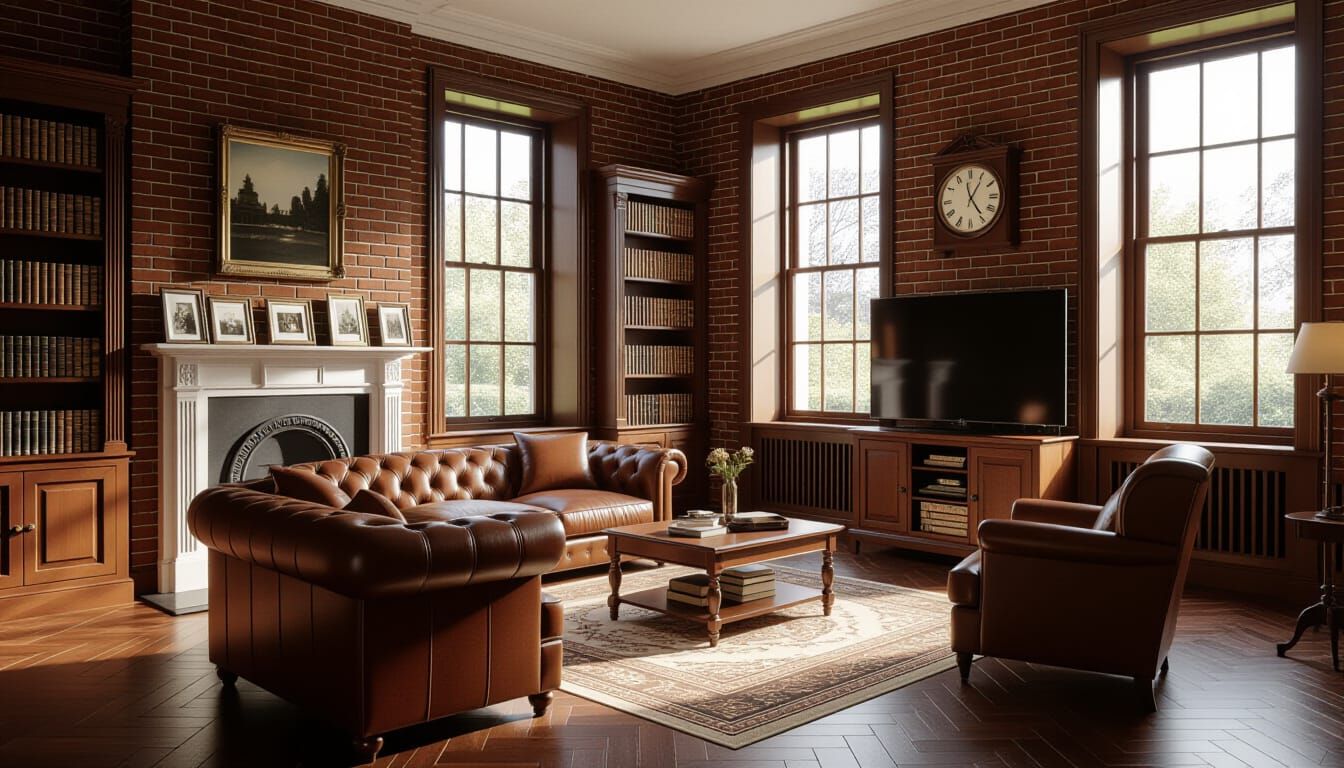 Victorian Living Room with Leather Sofa and Fireplace