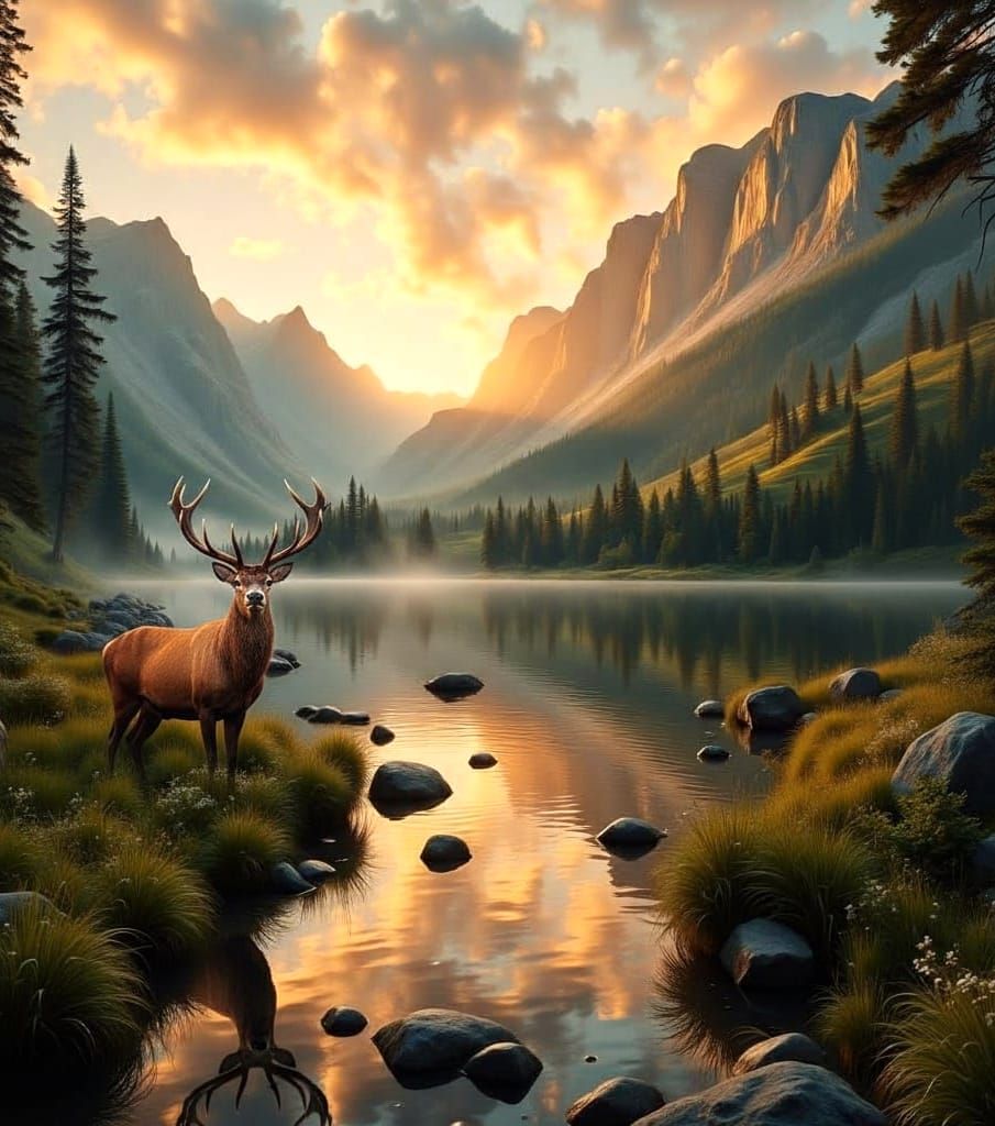 Secluded Cabin by Mountain Lake at Sunset, Cinematic Style