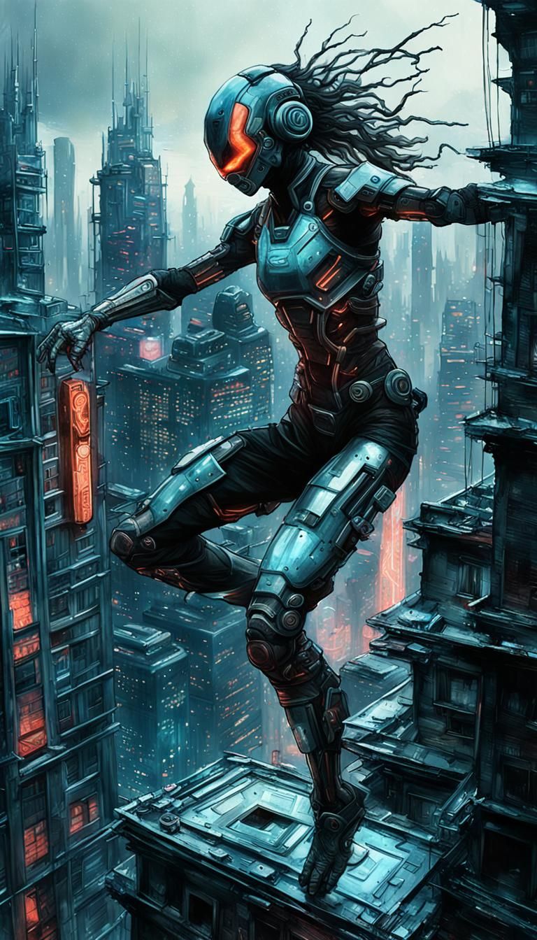 Cyberpunk Ninja-Cyborg Leaps into Neon Cityscape