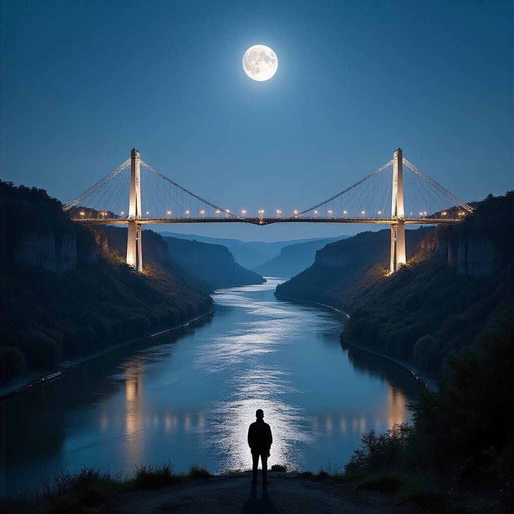 Majestic Bridge Connects Towering Plateaus Under Moonlit Sky