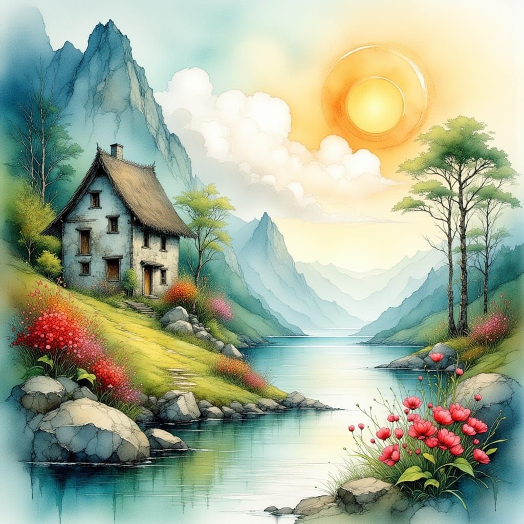 Dreamy Landscape with Cottages and Rivers in Ink Style