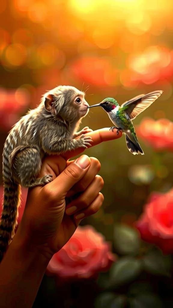 Tiny Marmoset Kissing Hummingbird in Sunset Garden