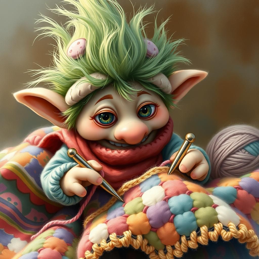 Whimsical Troll Crocheting a Blanket: Watercolor Painting