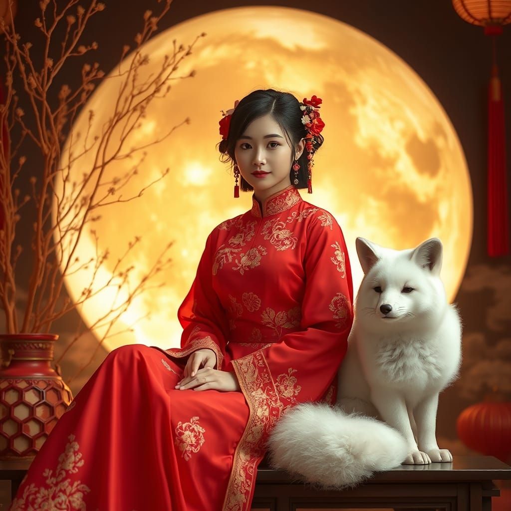 Elegant Woman in Red Costume with White Fox