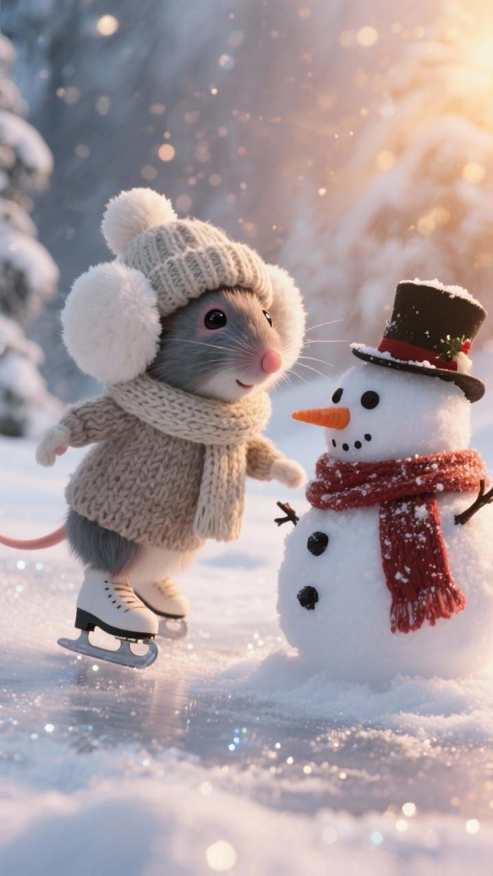 Adorable Mouse Ice Skating with Snowman in Snowy Landscape