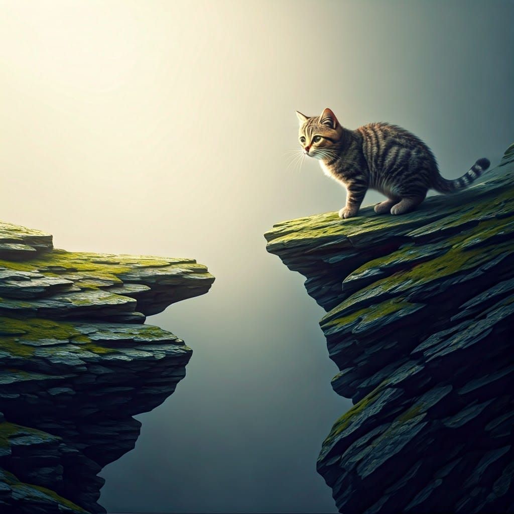 Mystical Cat on Fog-Shrouded Cliffs