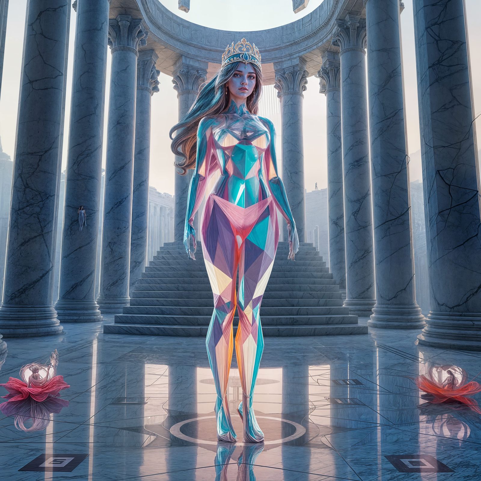 Polygonal Aphrodite in Vaporwave Temple, 90s Aesthetic