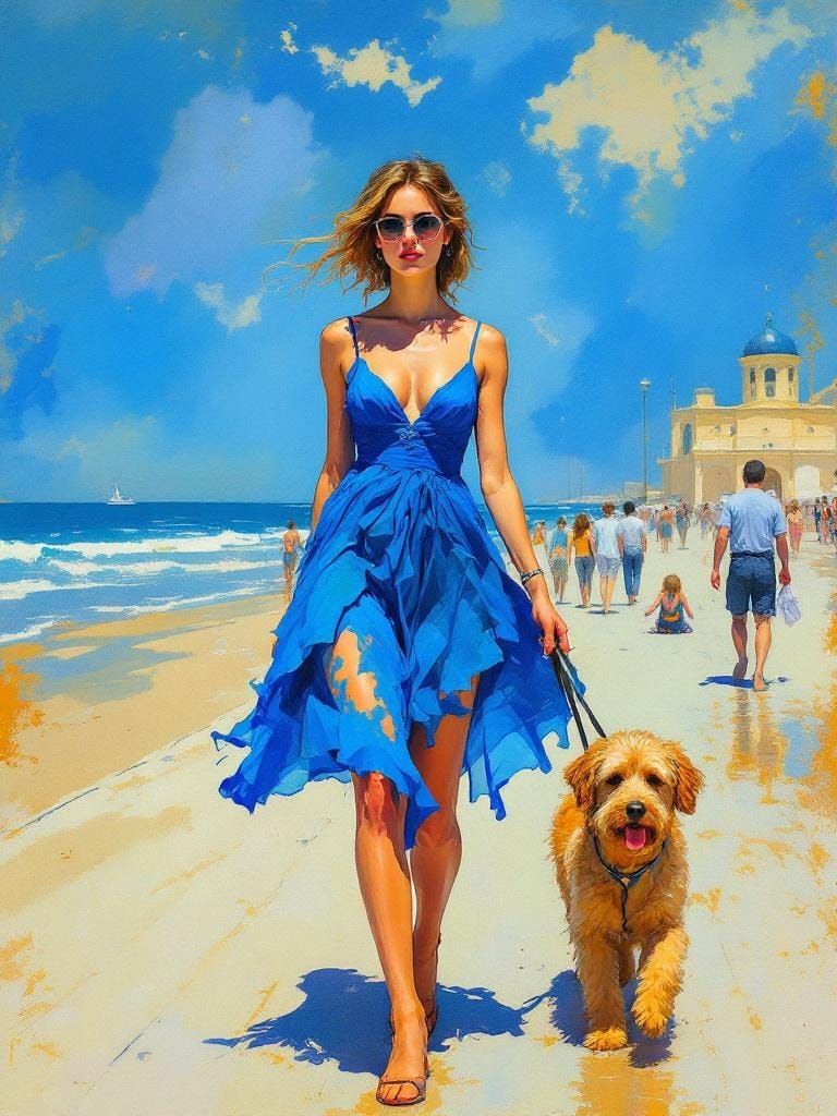 Elegant Woman with Dog: Watercolor and Linear Fusion