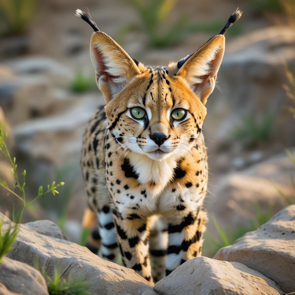 Striking Wildlife Photo of Black Serval on Rocks