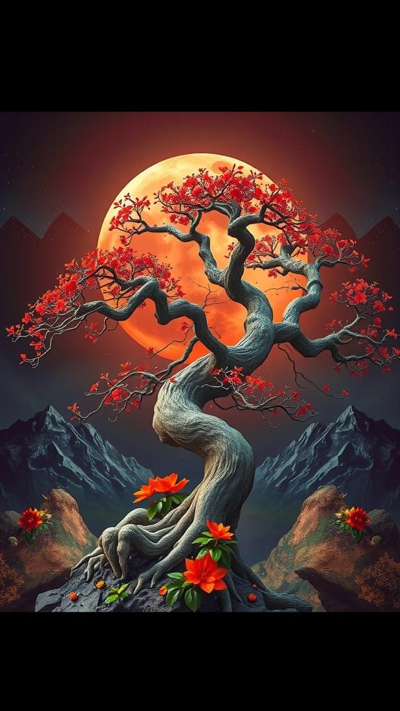 Majestic Bonsai Tree Under Crimson Blood Moon