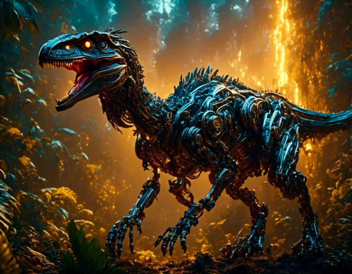 Robotic Raptors in Fantasy Landscape, Expressionist Oil Pain...