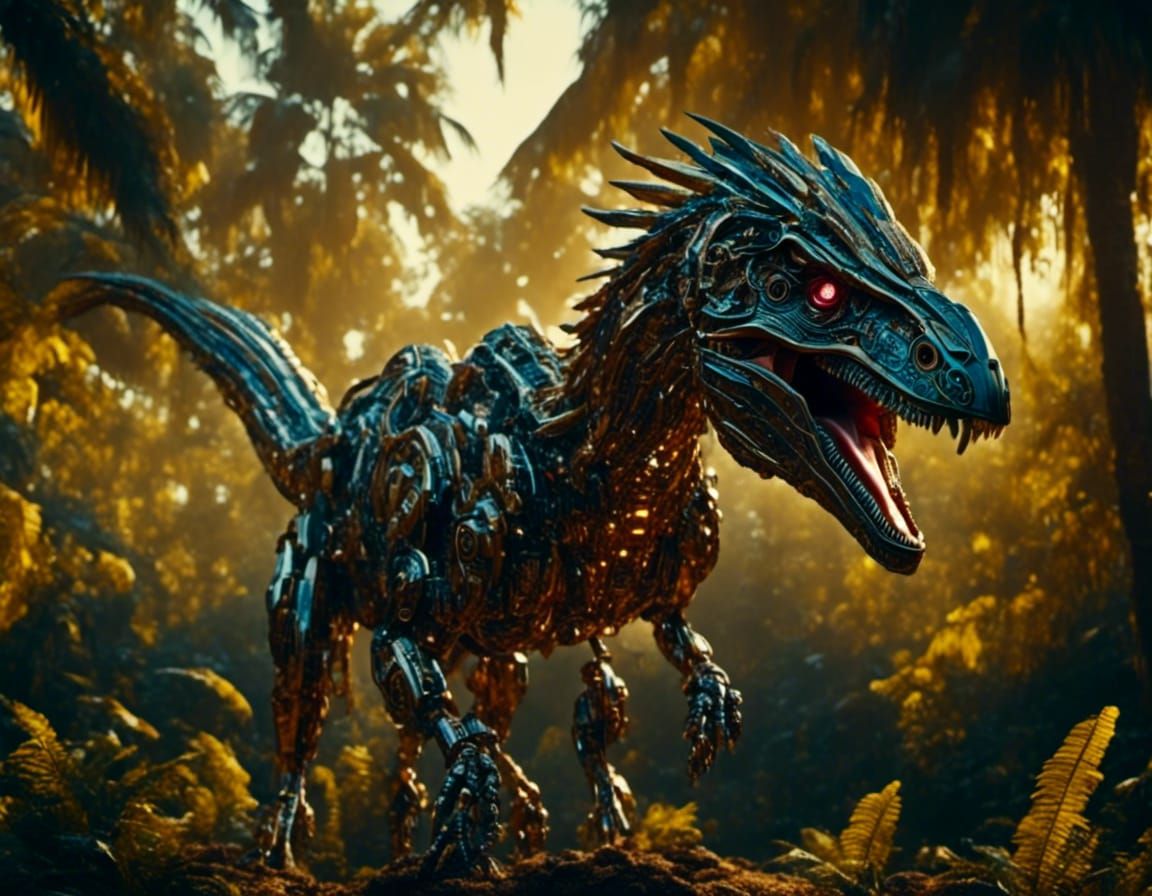 Robotic Raptors in Prehistoric Landscape, Cinematic Still