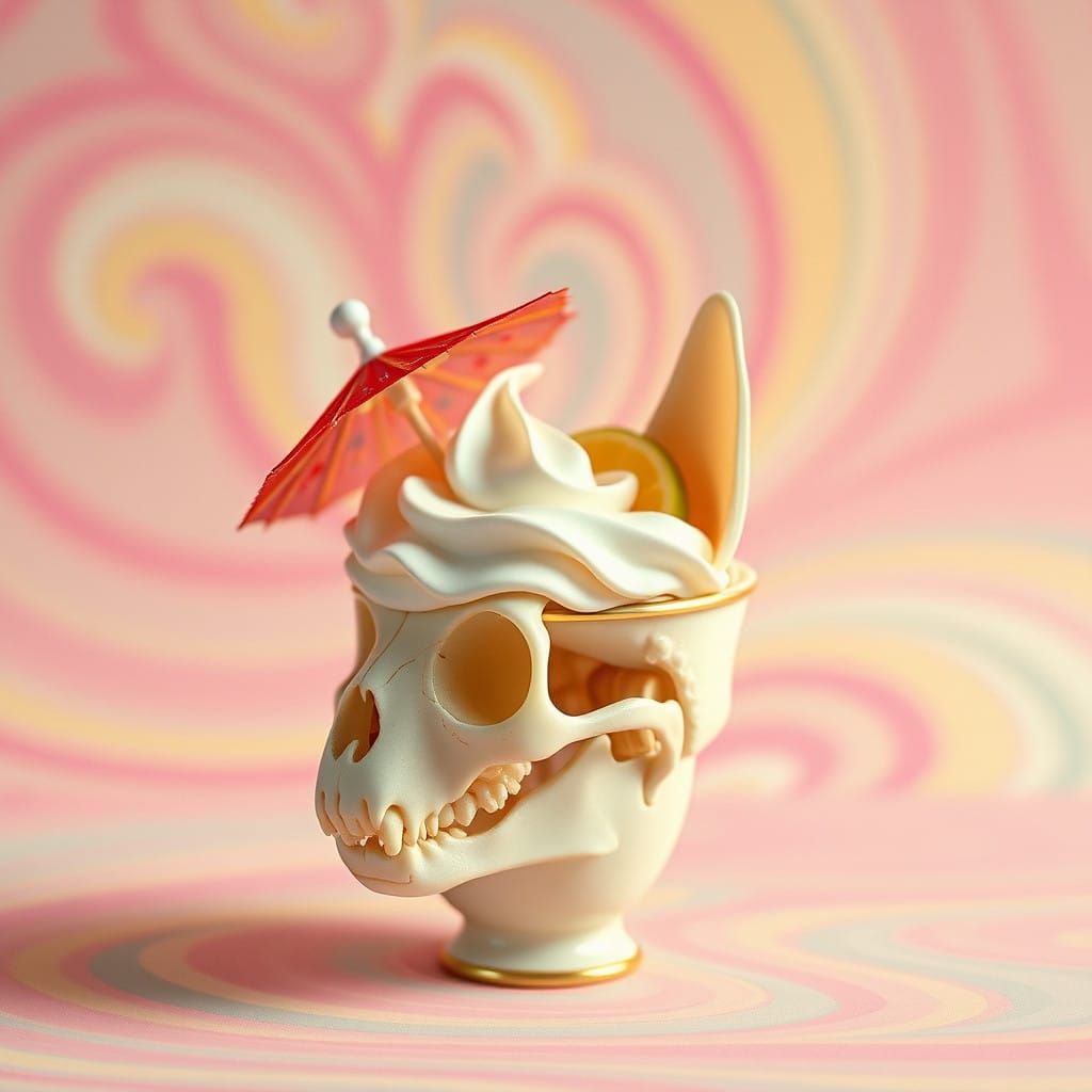 Whimsical Cat Skull Cup in Pastel Candy Landscapes with Whip...