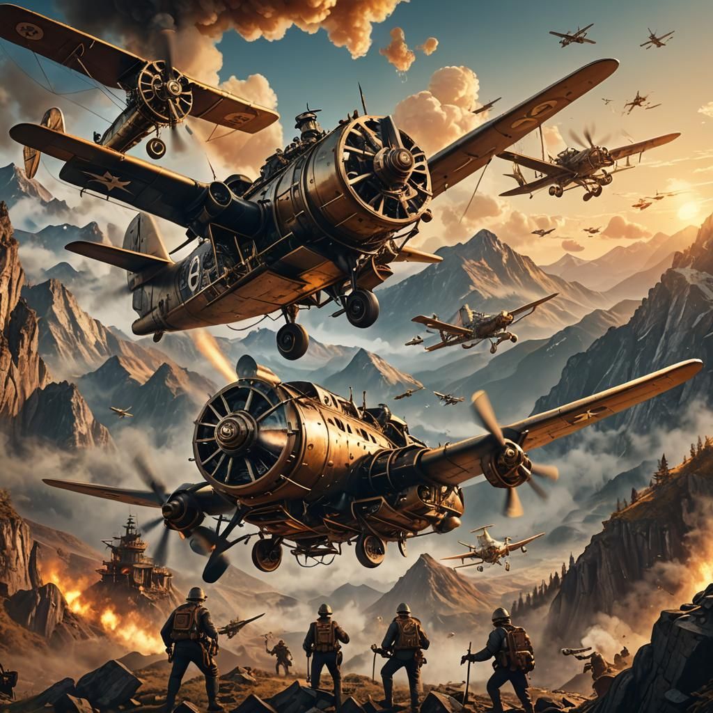 Steampunk Soldiers Fight in Mountains at Sunrise