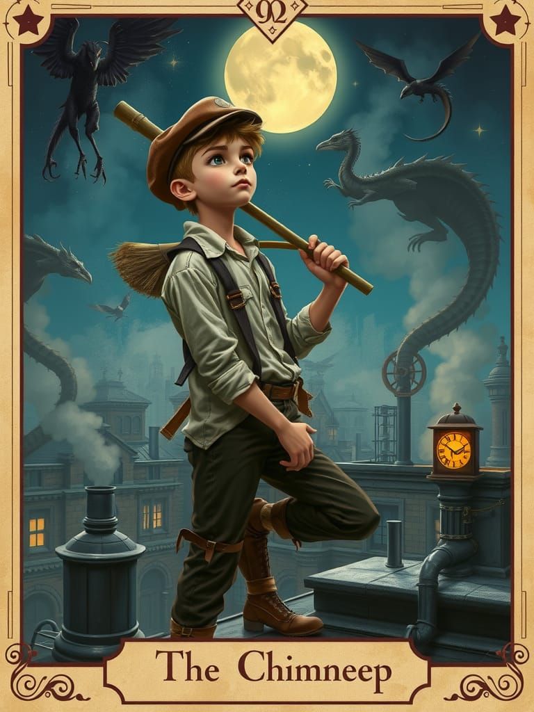 Fantasy Tarot Card: Chimney Sweep in Steampunk Metropolis