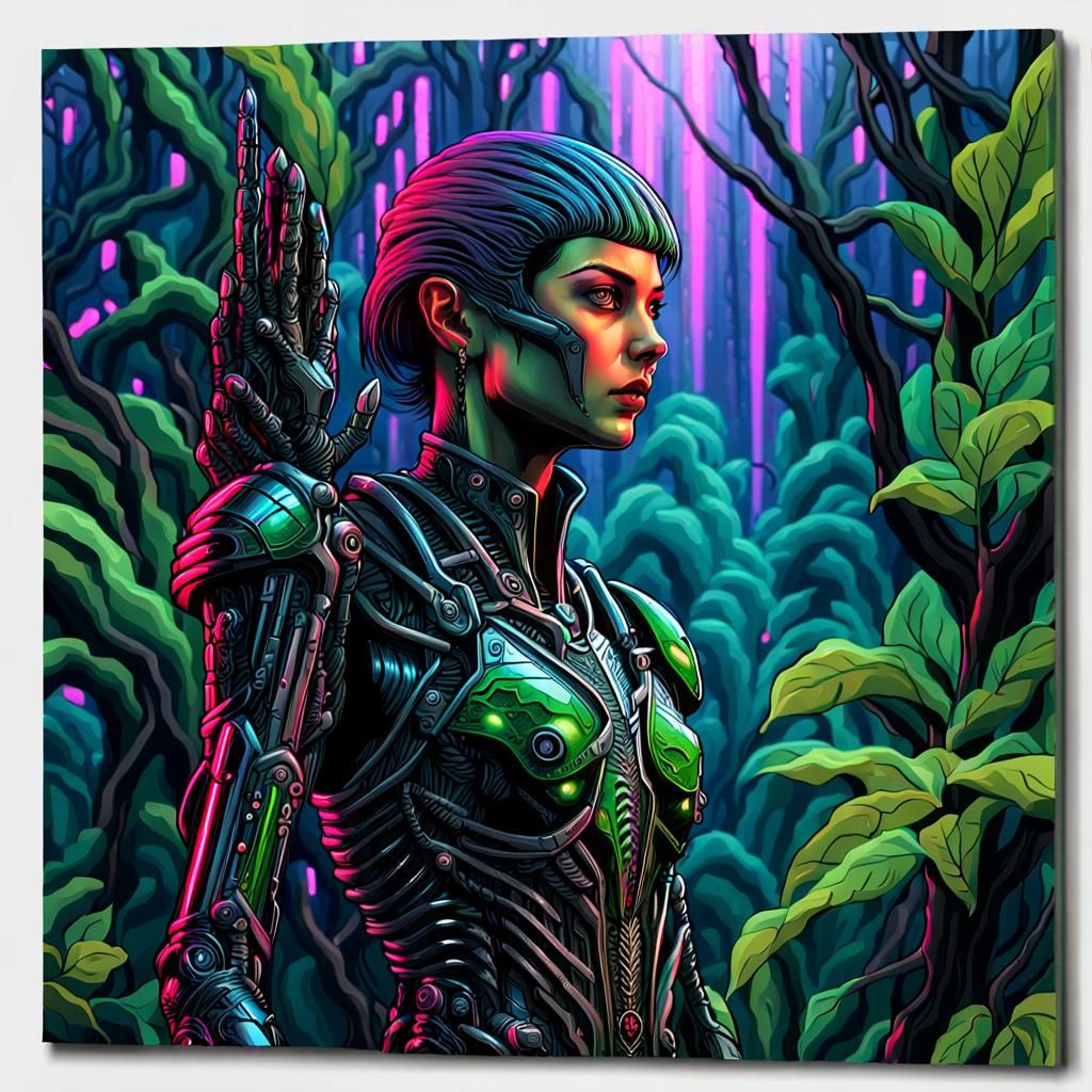 Elf Commando in Biomechanical Jungle, Surreal Sci-Fi Art