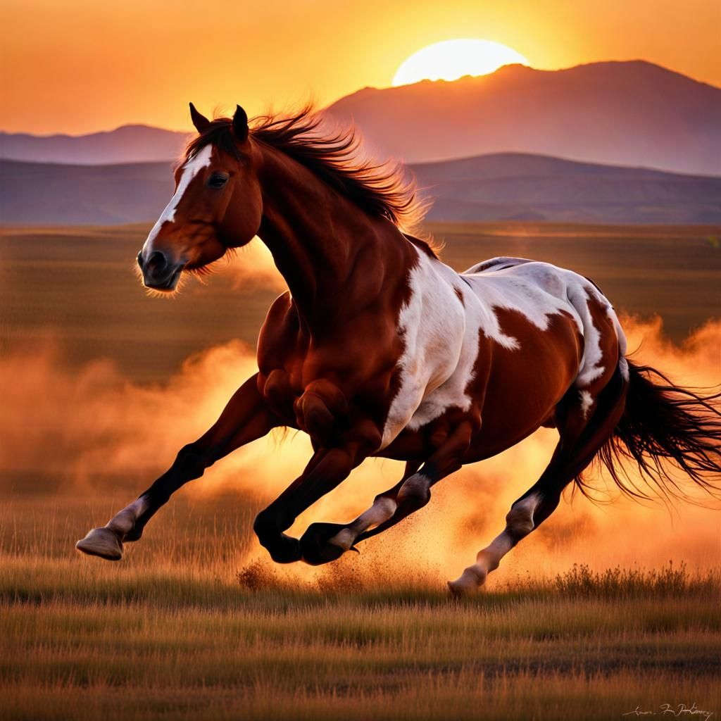Horse Running on Plains at Sunset