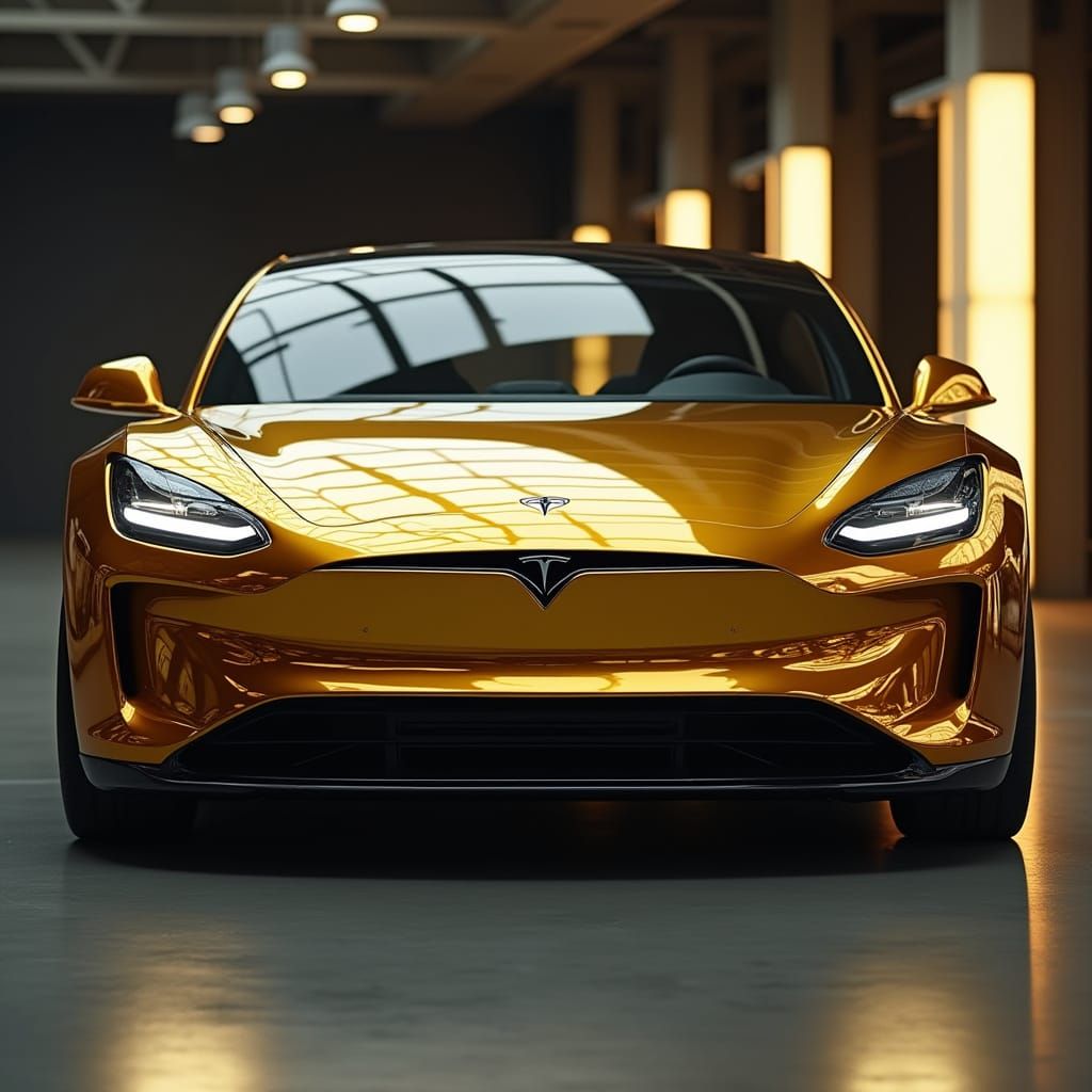 Luxurious Gold Tesla Concept Car in Futuristic Style