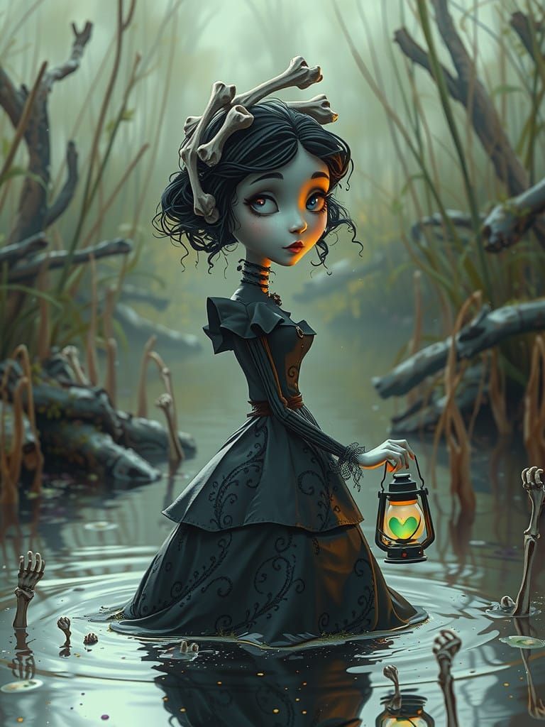 Ethereal Gothic Witch in Whimsical Cartoon Style