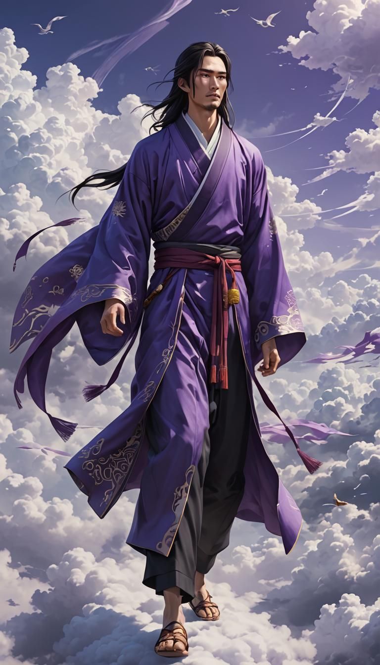 Daoist Master Walking on Clouds in Anime Style