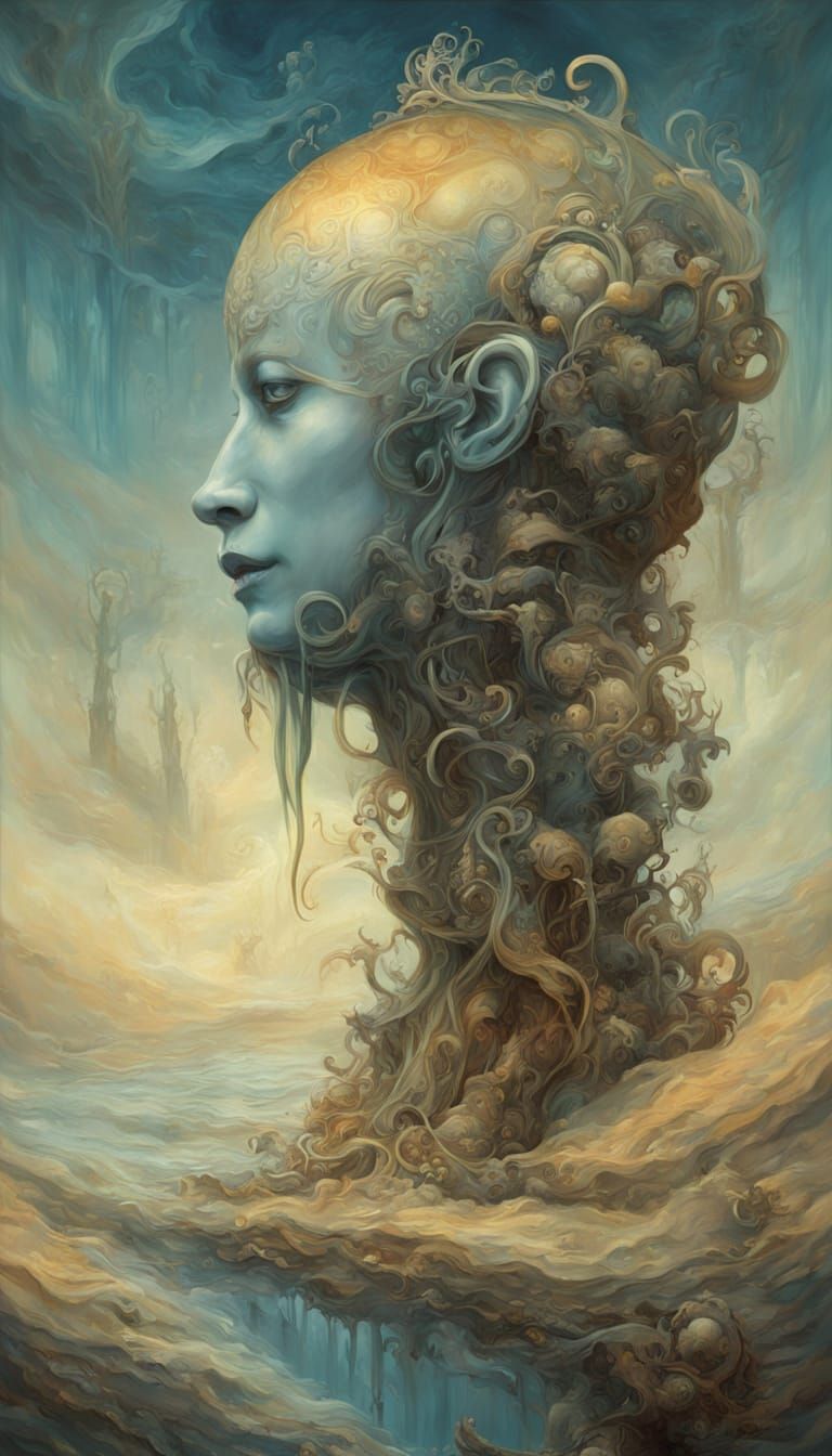 Surreal Encaustic Landscape with Patience Figure and Melting...