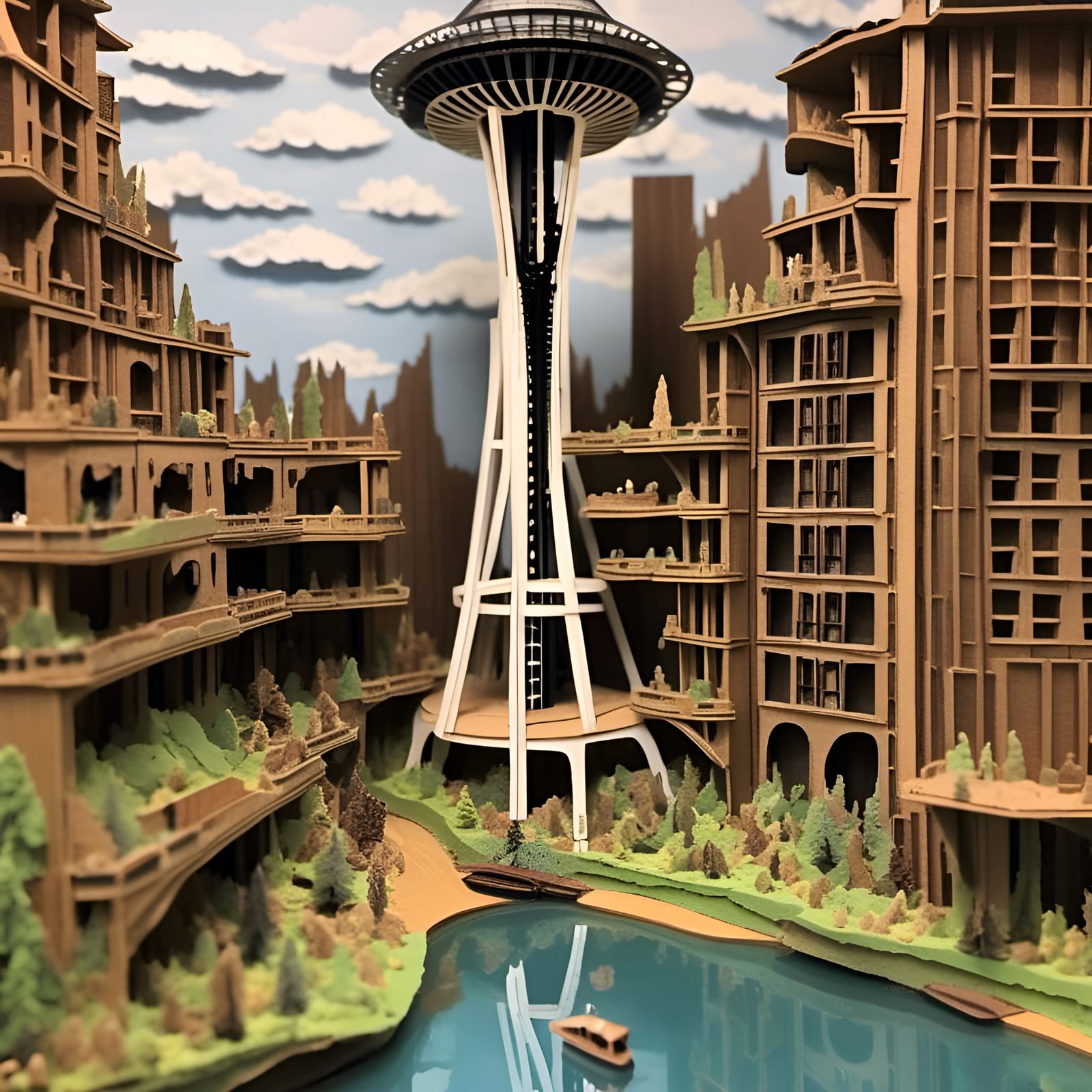 Hyperreal Cardboard Diorama of Seattle Skyline