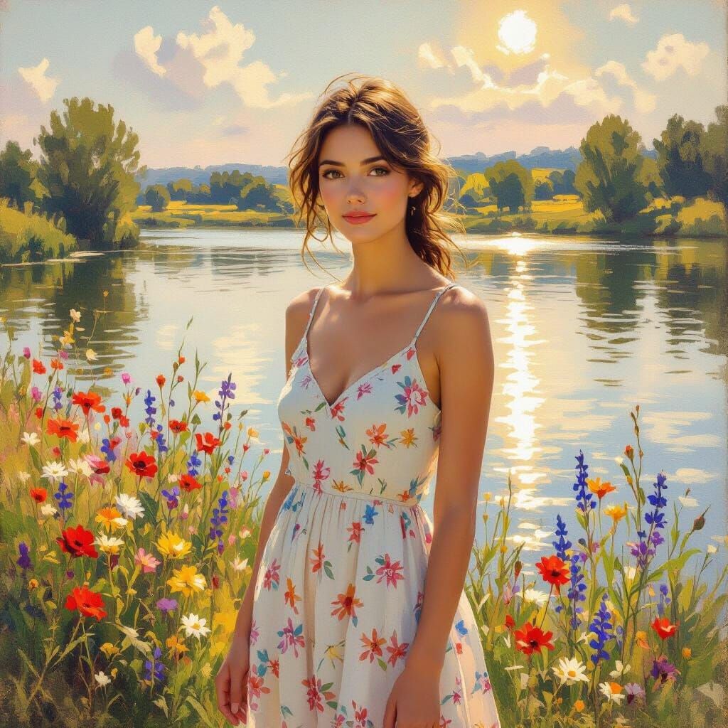 Impressionist Woman by Lake with Wildflowers