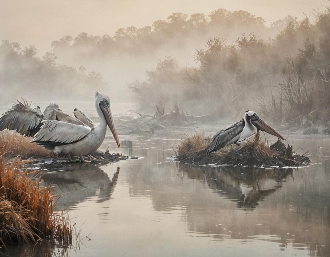 Misty Fall Pond with Pelicans