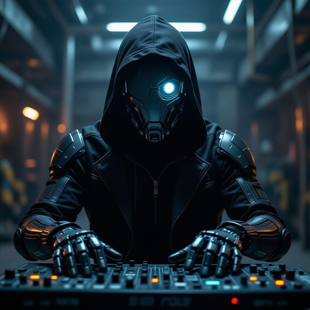 Dark Hooded Cyborg Plays Digital Drums in Industrial Setting