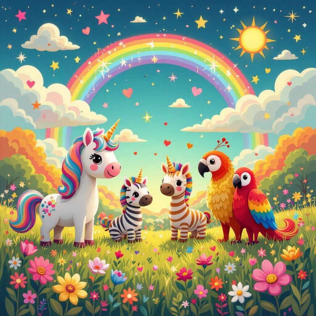 Kawaii Animals in Lush Meadow Illustration