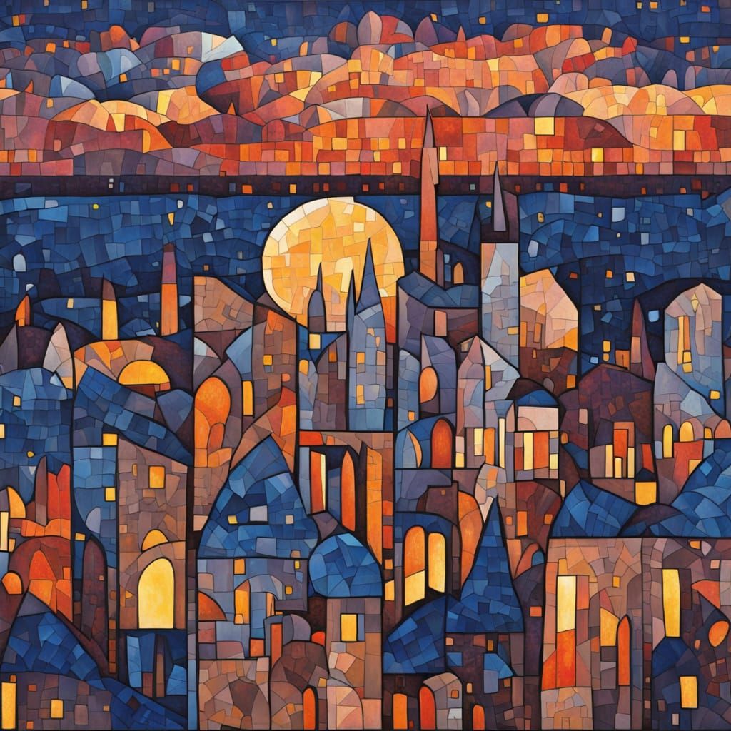 Expressionist Twilight Cityscape of Moonlight Buildings
