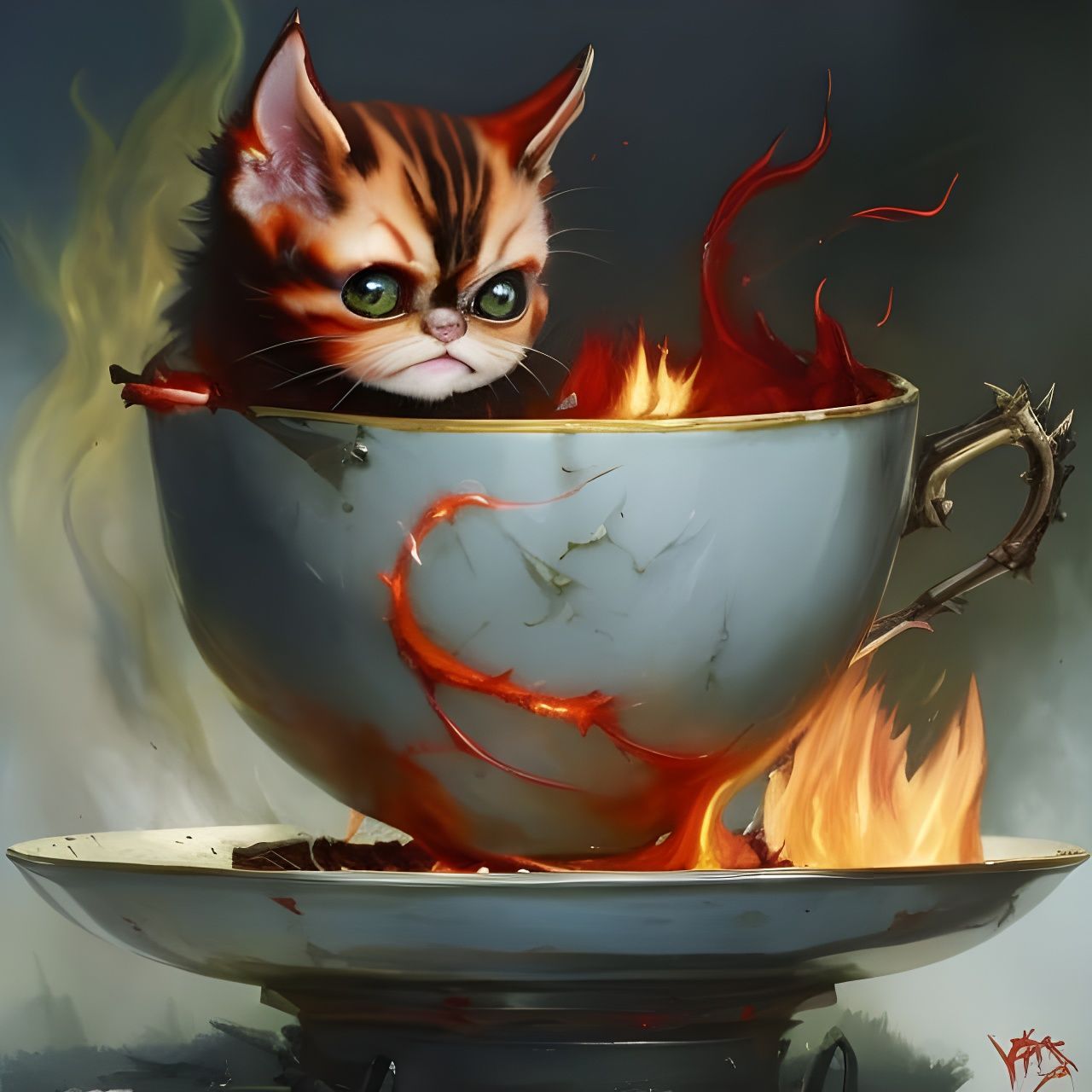 Fiery Demon Kitten in Teacup: Horror Art