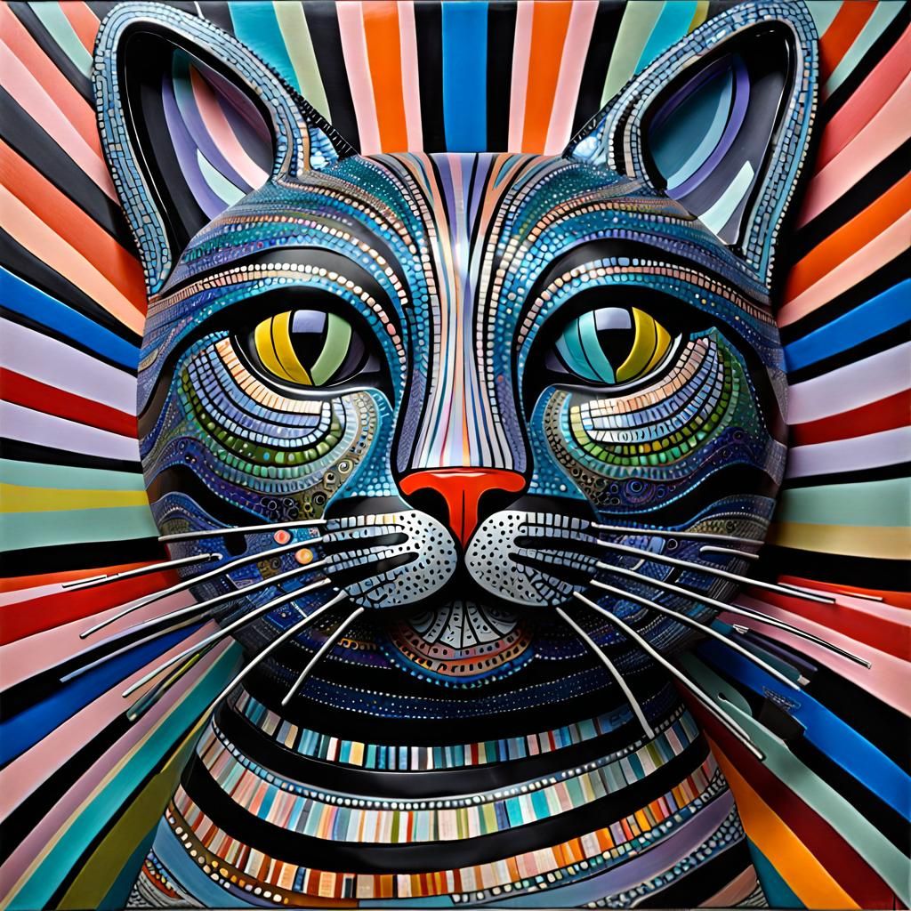 Whimsical Striped Glass Cat in Outsider Art Style